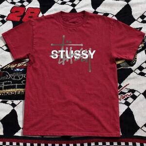 Gildan Men Maroon T-Shirt, Stussy Maroon & White Tee